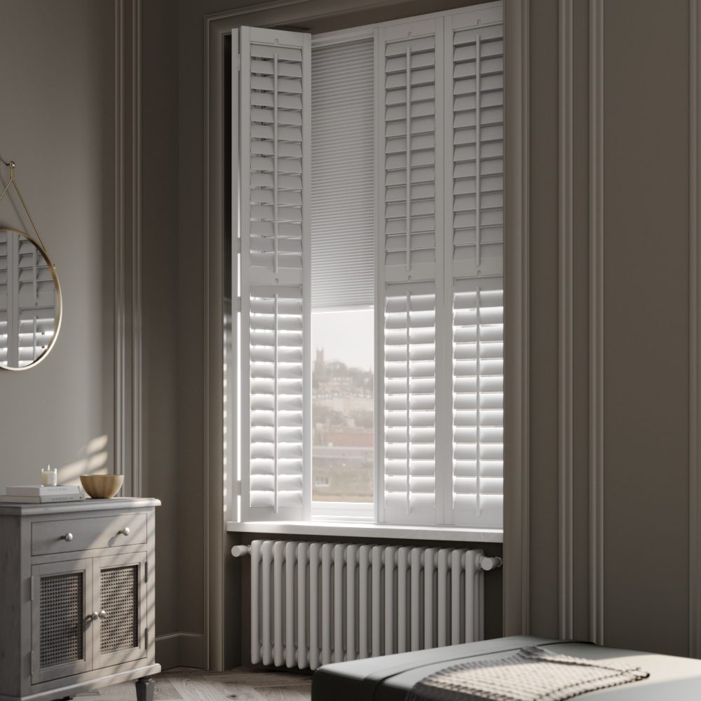 Blackout Plantation Shutters with Integrated Blind Telford Luxury plantation shutters with integrated blackout blind for complete darkness and privacy in Shropshire home | Shireluxe Shutters