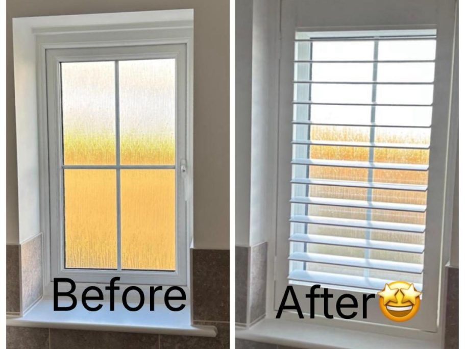 Before and after waterproof faux wood shutters in Priorslee Telford bathroom | Luxury transformation by ShireLuxe Shutters Shropshire