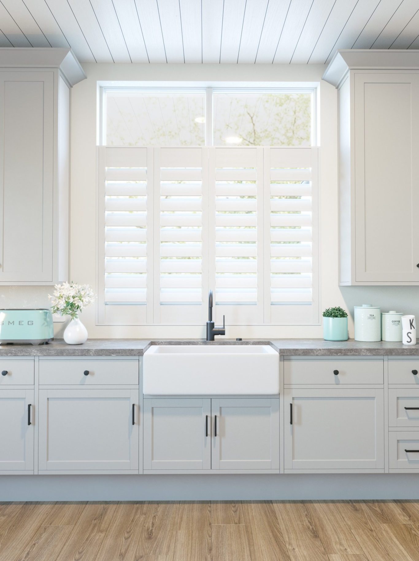 Cafe Style Shutters Shrewsbury Kitchen | Luxury Half-Height Cafe style half-height plantation shutters in bright Shrewsbury kitchen window | Natural light & privacy solution by ShireLuxe Shutters