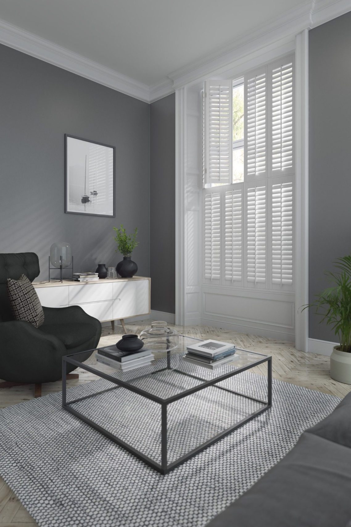 Composite tier on tier faux wood shutters in Shrewsbury home | Flexible privacy & durability by ShireLuxe Shutters Shropshire