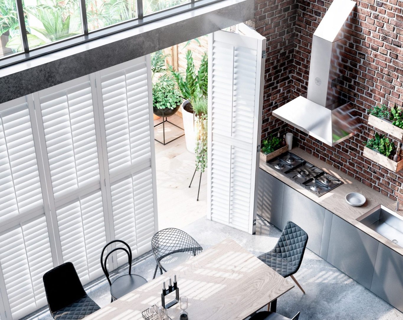 Patio Door Shutters Telford Kitchen | Luxury Plantation Install Luxury plantation shutters on patio doors in modern Telford kitchen | Seamless privacy & light control installation by ShireLuxe Shutters